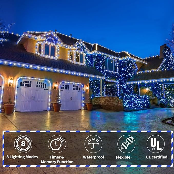 200ft LED Rope Lights Outdoor, 1440 LED Flexible Tube Lights with 8 Modes, Waterproof LED Rope Lighting for Outside Garden Patio Bedroom Party Pool Fences Indoor Outdoor Christmas Decor (White & Blue)