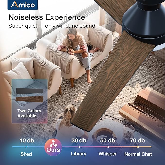Amico Ceiling Fans with Lights, 52 inch Low Profile Ceiling fan with Light and Remote Control, Flush Mount, Reversible, 3CCT, Dimmable, Noiseless, Black Ceiling Fan for Bedroom, Indoor/Outdoor Use