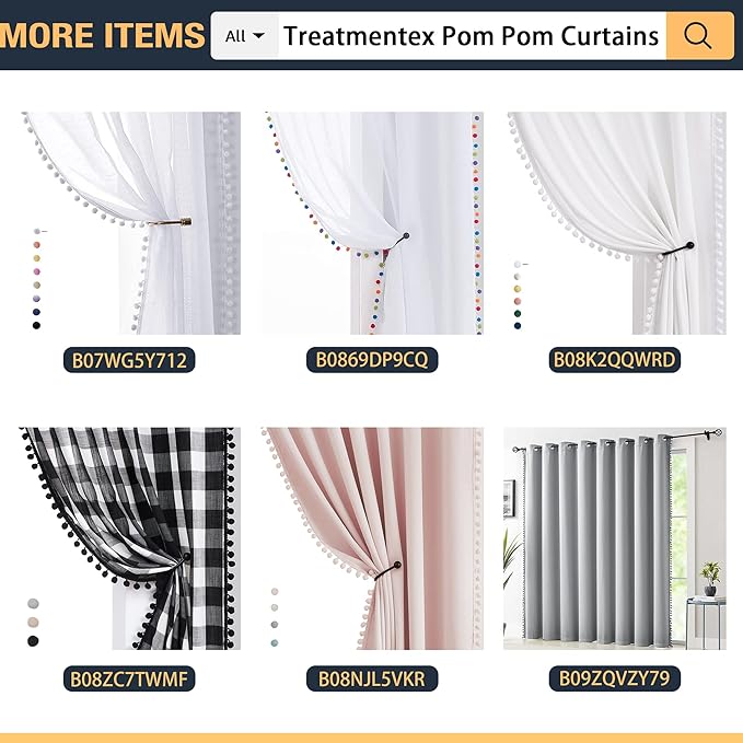 Treatmentex Pom-pom Sheer Black Curtains for Living Room 84 inches Length Modern Window Curtain Panels for Kids Room Drapes 1 Pair Rod Pocket