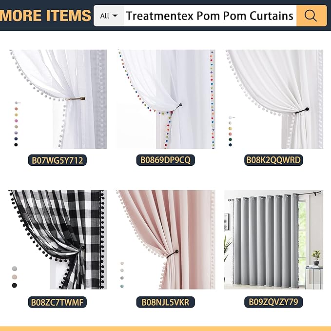 Treatmentex Pom-pom Sheer Black Curtains for Living Room 84 inches Length Modern Window Curtain Panels for Kids Room Drapes 1 Pair Rod Pocket