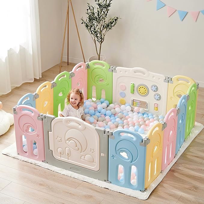 Fortella Cloud Castle Foldable Playpen, Baby Safety Play Yard with Whiteboard and Activity Wall, Indoors or Outdoors (Multicolor 14 Panel)