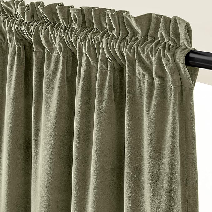 Lazzzy Velvet Blackout Curtains Thermal Insulated Room Window Drapes Super Soft Luxury Curtains for Living Room Bedroom Rod Pocket 2 Panels, Olive Sage, 62" W x 120" L