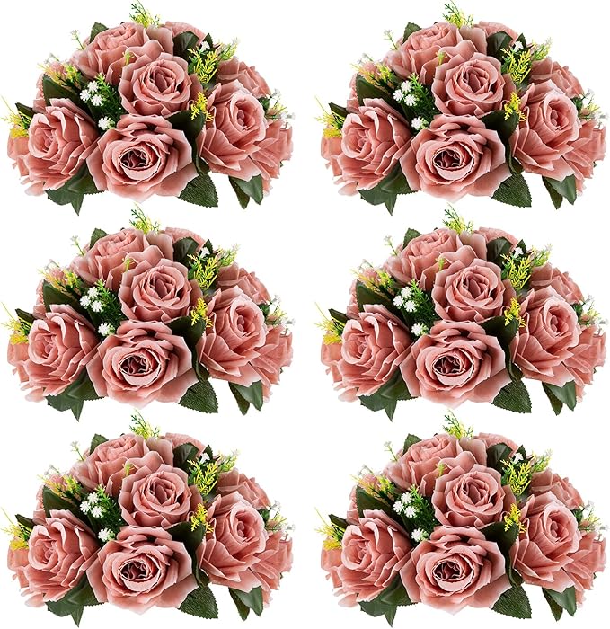 NUPTIO Artificial Flower Centrepieces for Tables - 6 Pcs Dusty Rose Fake Flowers Roses Balls 9.5in Diameter - Silk Faux Rose Arrangement for Wedding Party Centerpiece Table Decorations