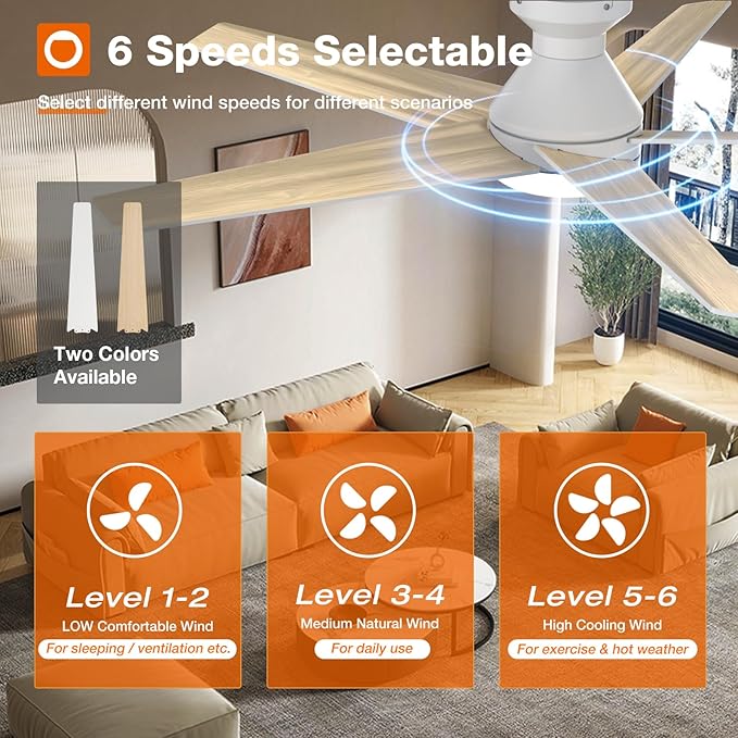 addlon Ceiling Fans with Lights, 52 inch Low Profile Ceiling Fan with Light and Remote Control, Flush Mount, Reversible, 3CCT, Dimmable, Noiseless, White Ceiling Fan for Bedroom, Indoor/Outdoor Use