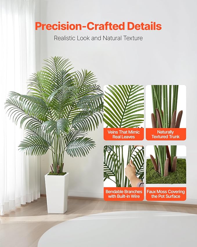 VEVOR Artificial Areca Palm Tree 6 ft, Fake Palm Tropical Plants with White Tall Planter, Faux Floor Silk Plant in Pot, Large Trees for Home Office Living Room Decor House Warming, Indoor Outdoor