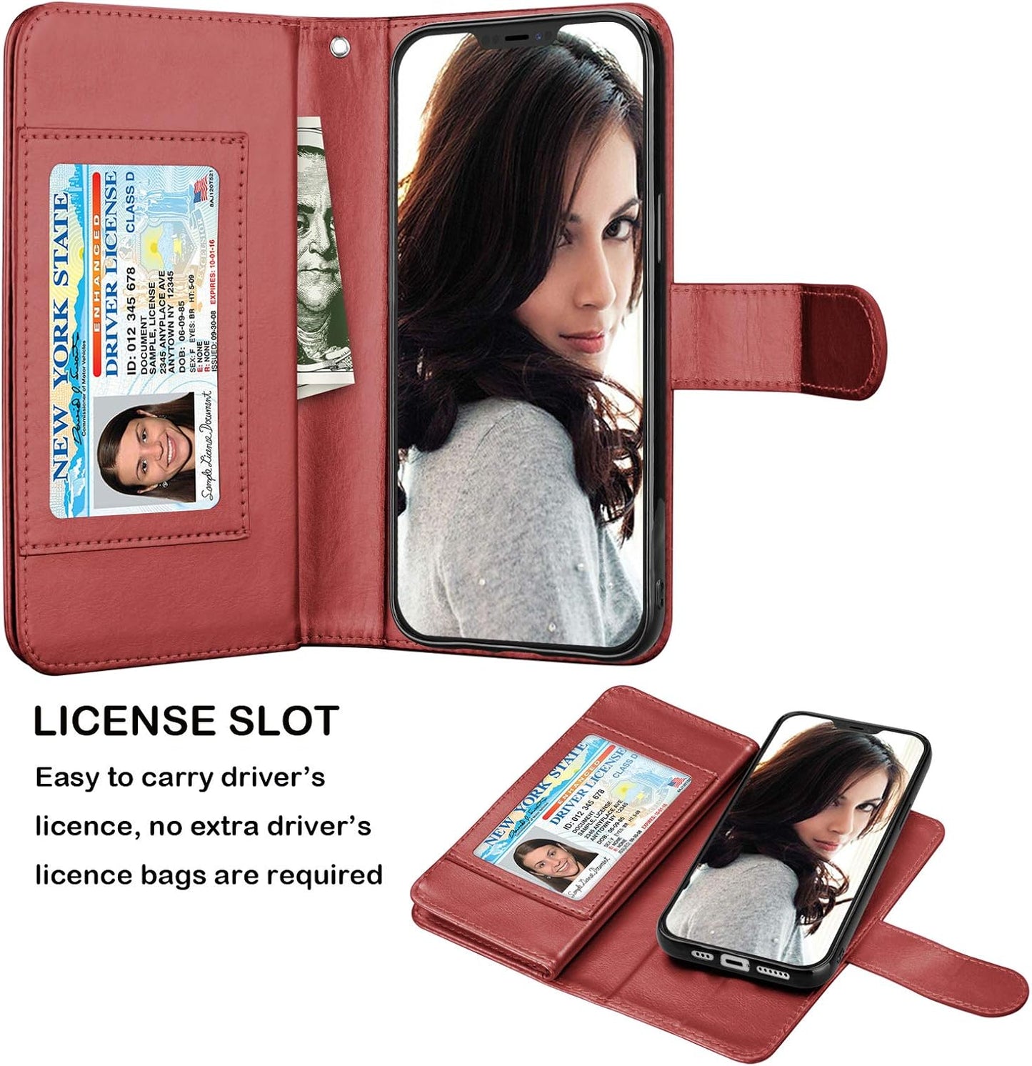 Njjex iPhone 12 Pro Max Wallet Case - 9 Card Slots, PU Leather, Detachable Kickstand (Wine Red)