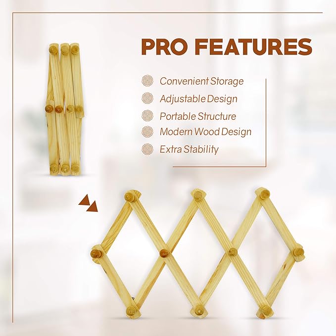 RAM-PRO Accordion Style Wood Expandable Rack Hat, Cap, Belt, Umbrella Coffee Mug Wall wooden Pegs (Set of 2)