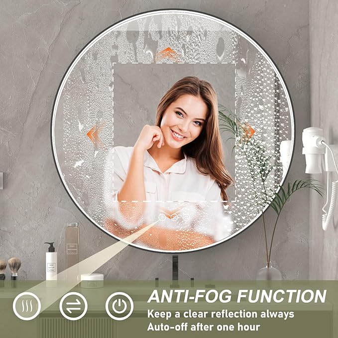 36 Inch LED Round Mirror for Bathroom, Black Metal Framed LED Bathroom Mirror with Lights, 3 Colors and Stepless Dimmable Wall Mounted Lighted Bathroom Vanity Mirror, Anti-Fog, Memory