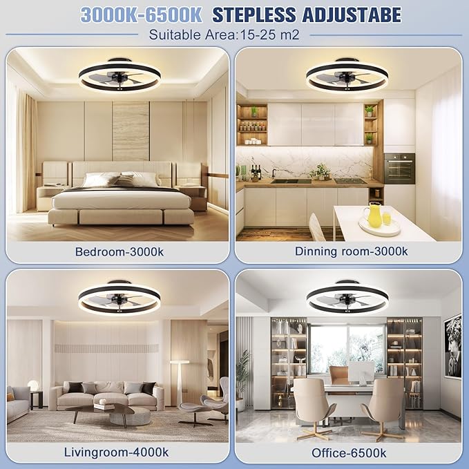 VOLISUN Low Profile Ceiling Fans with Lights and Remote, 19.7in Flush Mount Ceiling Fans with Light, 3000K-6500K Dimmable Fandelier LED Fan Light, Black Bladeless Ceiling Fans with Lights for Bedroom