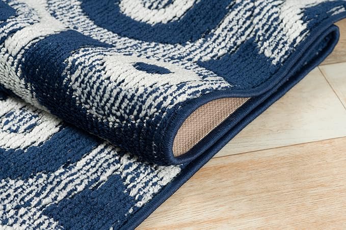 Custom Length Cut to Size Retro Modern Coastal Carpet Runner Rug for Hallways, Non Slip Rubber Backed, 31 inch Wide X Customized Length, Geo Blue, 31 inch X 5 feet
