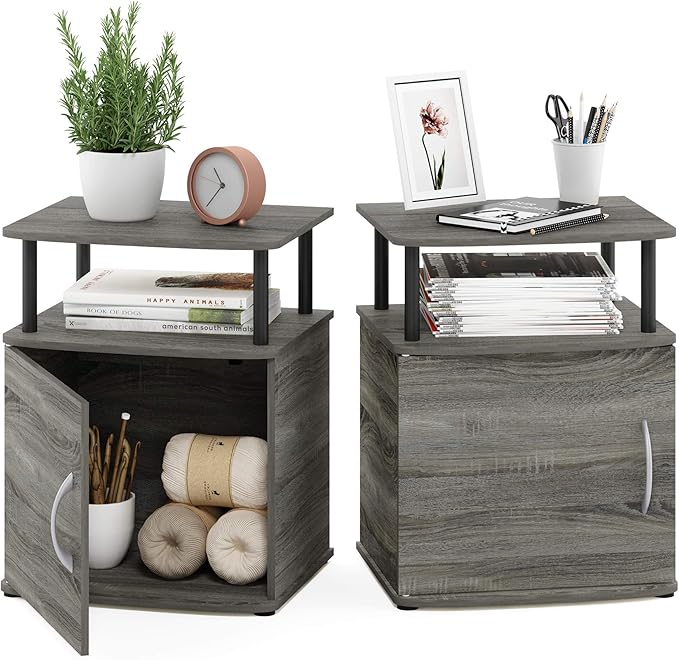 Furinno JAYA End Side Sofa Table/Nightstand with Door, 2-Pack, PVC Tubes, French Oak Grey/Black
