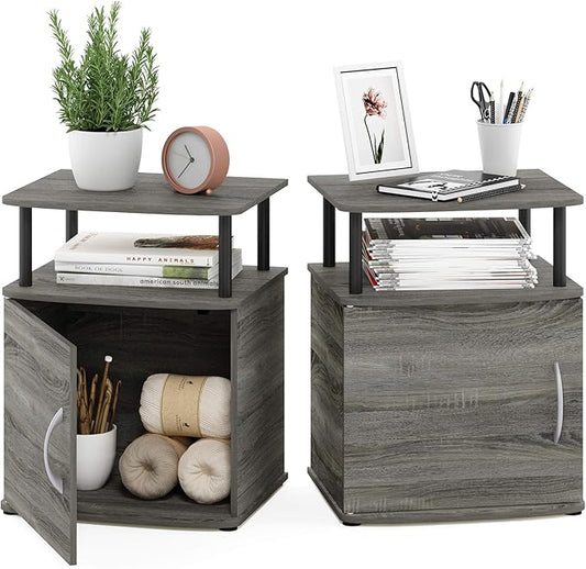 Furinno JAYA End Side Sofa Table/Nightstand with Door, 2-Pack, PVC Tubes, French Oak Grey/Black