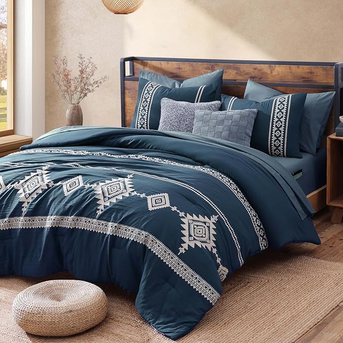 MaiRêve Embroidery King Size Comforter Set Navy Blue, Boho Farmhouse Western Bedding Set 7 Pieces, All Season Bed in A Bag Comforter Set with Sheets, Pillowcases & Shams