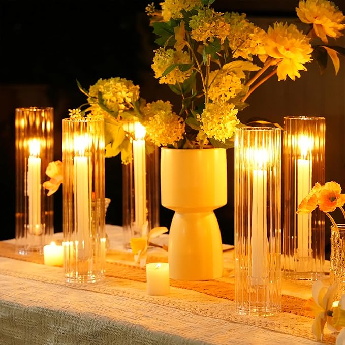 Hurricane Candle Holder Thickened Ribbed Cylinder Covers Taper Candle Sticks Holder Glass Tall Candlesticks Holders Centerpiece for Wedding Dining Table, 10 Pcs