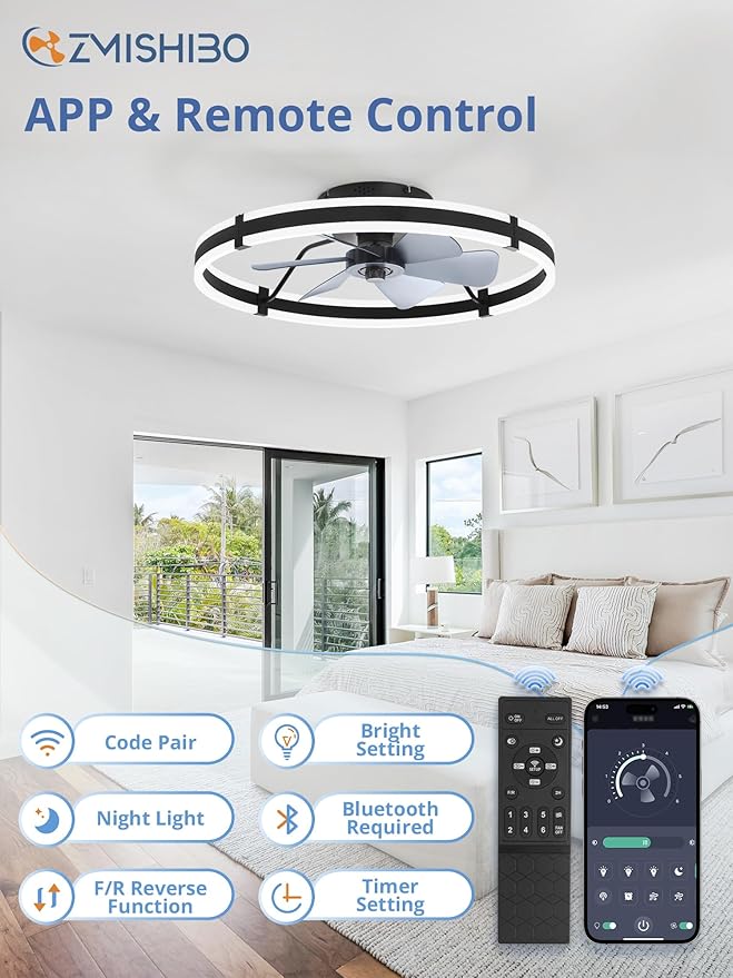 ZMISHIBO 24 Inch Ceiling Fans with Lights and Remote, Modern Low Profile Ceiling Fan, 3000-6000K Dimmable Flush Mount LED Fan Light, 6 Wind Speeds, Fandelier Ceiling Fans for Bedroom- Black