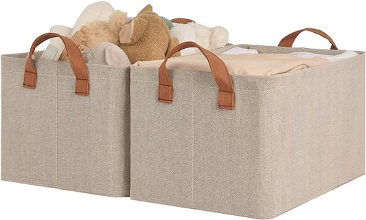 StorageWorks Storage Bins, Fabric Storage Bins for Shelves, Storage Baskets with Metal Frame, Closet Baskets and Bins with Handles, Brown and Beige, 2-Pack