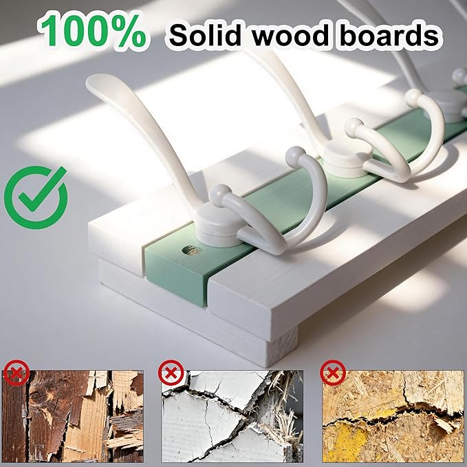 SKOLOO Coastal Wall Mounted Coat Rack - 17" Beach House Entryway Wooden Coat Hook with 5 Hooks for Hanging Coats, Hats or Towels, Oceanfront Cottage Core Collection, White & Green
