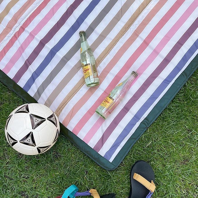 Little Unicorn 5'x10' XL Outdoor Family Picnic & Beach Blanket | Durable & Water-Resistant Fabric | Compact Fold & Easily Wipes Clean | Zipper Pocket (Chroma Rugby Stripe)