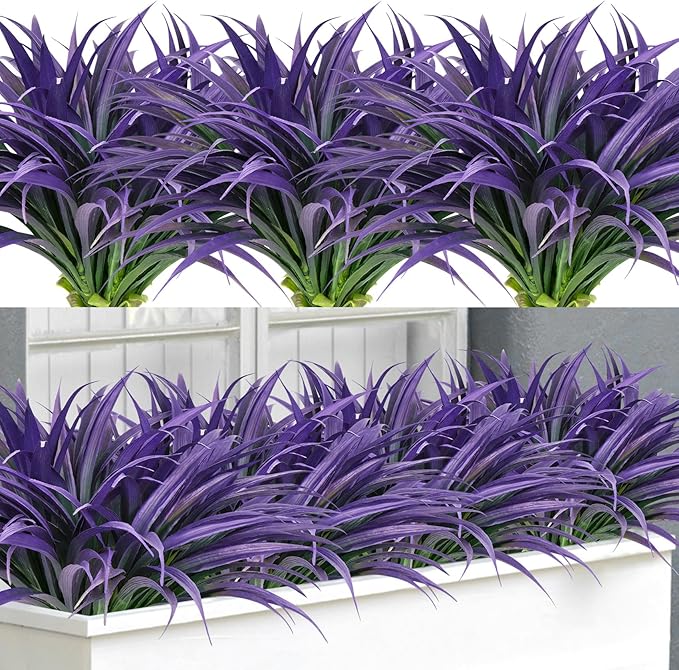 Ouddy Decor 20 Pcs Fake Outdoor Plants Artificial Grass Greenery Stems Faux Plastic Plants UV Resistant for Indoor Outside Garden Hanging Planter Pathway Porch Patio Window Box Home Decor, Purple