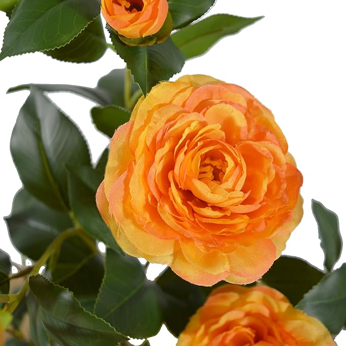 Artificial Camellia Tree 3ft, Fake Plant in White Pot, Faux Camellia Silk Flower Potted Tree for Indoor Outdoor Home Livingroom Office Decor (Orange)