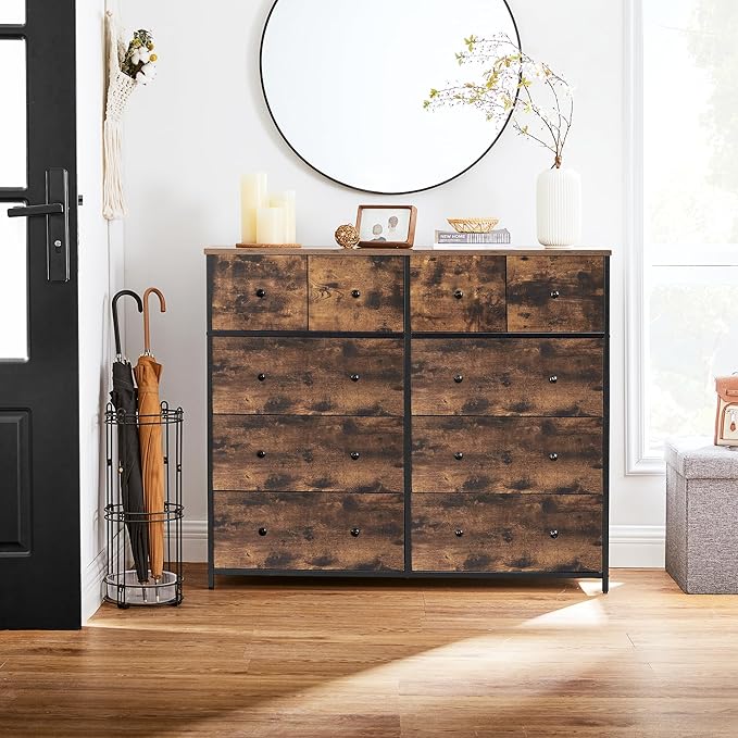 SONGMICS10 Drawers Wide Dresser, 10 Drawers 10-Drawer Dresser Storage Tower, Metal Frame, Wooden Top and Front, Fabric Drawers, 10 Drawers Brown and Black ULGS145B01