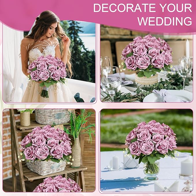 Purple Roses Artificial Flowers - 8 Bundles Fake Silk Rose Flower Realistic Faux Florals Bulk for Wedding Bridal Party Baby Shower Event Home Arrangements Centerpieces Decor (Dusty Purple)