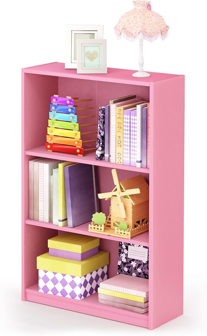 Furinno JAYA Book Shelf, 3-Tier Bookshelf, Bookcase with Adjustable Shelves, 9.5 x 24.5 x 40.3, for Living Room, Bedroom, Home Office, Pink
