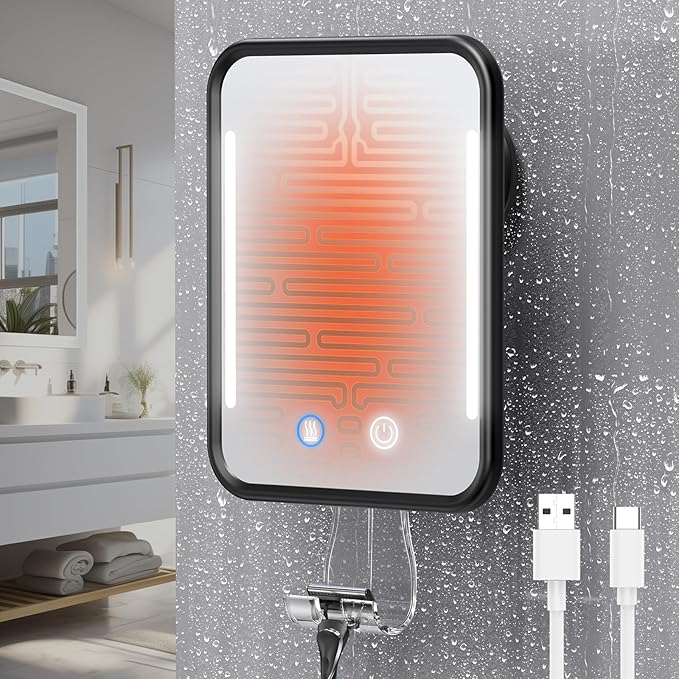 Gospire Heated Shower Mirror Fogless for Shaving with Light, 5000mAh Rechargeable Battery, Detachable Suction Cup and Razor Holder for Wall, NO-Drilling, Removable, Waterproof for Bathroom - Black