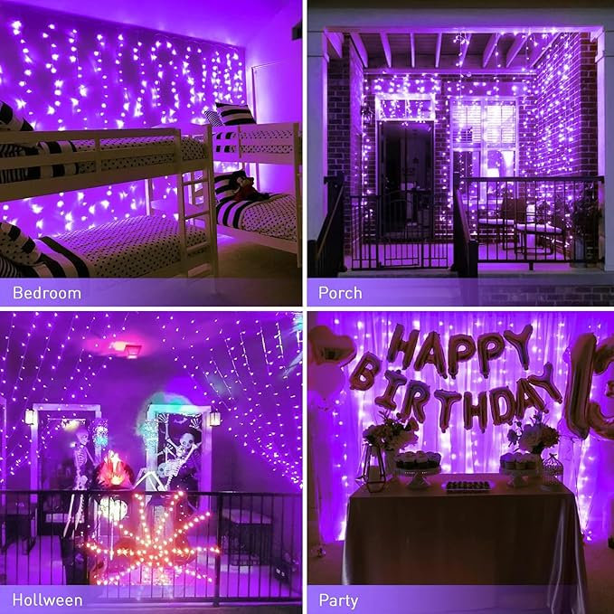 JMEXSUSS 300LED Purple Christmas Lights with Remote, Curtain Hanging Light Plug in, 8 Modes Purple String Lights for Bedroom Window Wall Party Backdrop Halloween Christmas Decorations