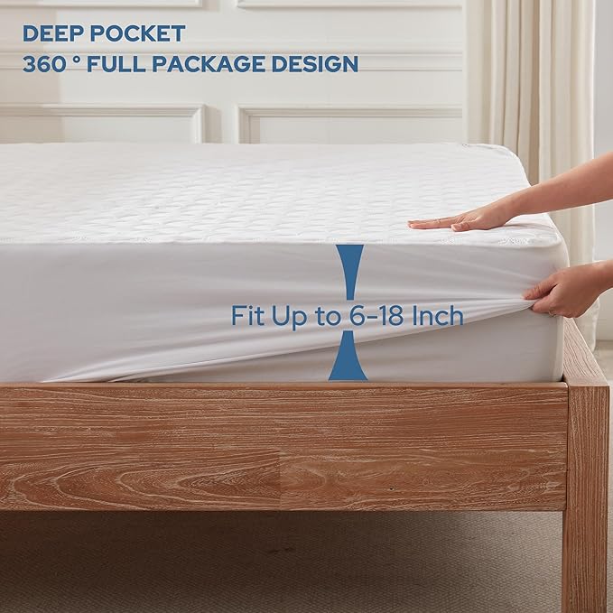 BEDLORE 2 Pack Waterproof Mattress Protector, King Size Mattress Pad with Deep Pocket Fitted Up to 6-18 inches, Soft Noiseless Single Bed Mattress Cover for Bedroom, Dorm Room (White)
