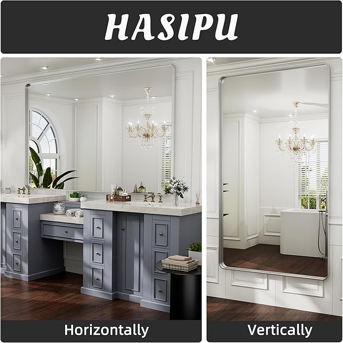 Hasipu 55×32 Inch Large Bathroom Mirror for Wall, Rectangular Silver Metal Frame Bathroom Mirrors, Modern Wall Mounted Vanity Mirror for Bathroom (Hangs Horizontal or Vertical)