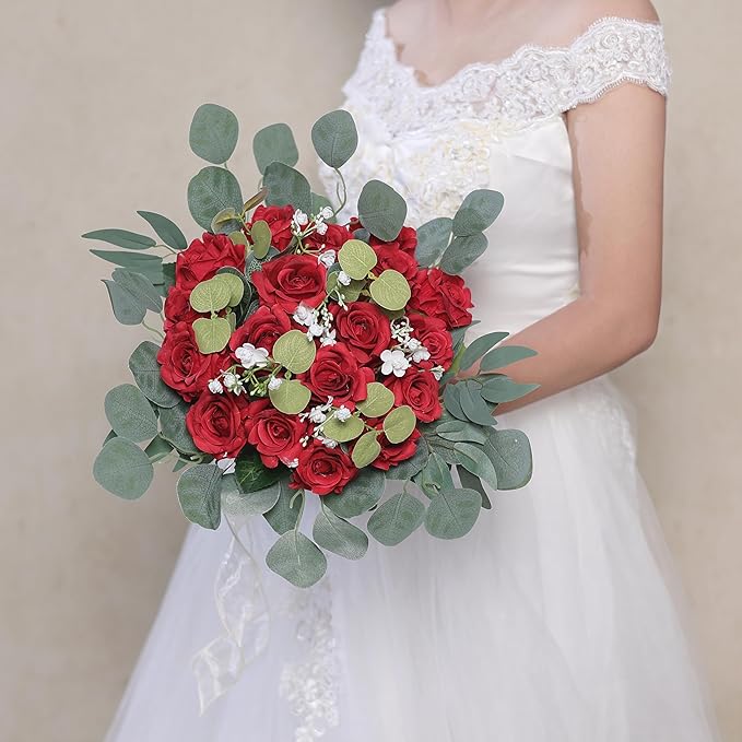 FOTEEWL 60 Pcs Artificial Rose Flower Realistic Faux Silk Roses Stem Fake Roses Bouquet for Flower Arrangement,Wedding Centerpieces,Party,Home Decorations (Burgundy)
