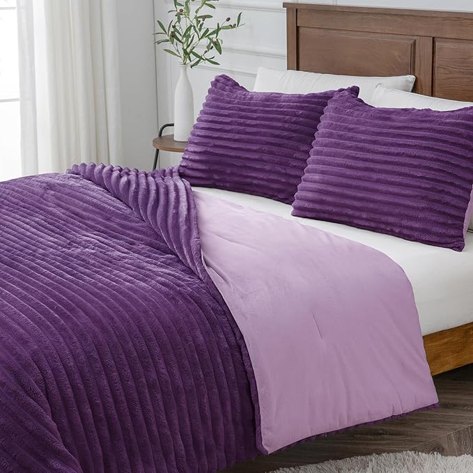 BEDELITE Fleece King Comforter Set -Super Soft & Warm Fluffy Purple Bedding, Luxury Fuzzy Heavy Bed Set for Winter with 2 Pillow Cases