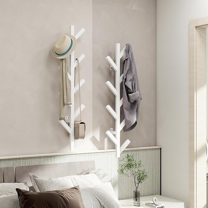 Vlush Wall Mounted Metal Coat Rack with 9 Hooks Modern Minimalist Coat Racks, Upright hat rack for wall for Hanging Clothes, Hats, Hanging Bags and Scarves Entrance Wall Iron Coat Rack (White)