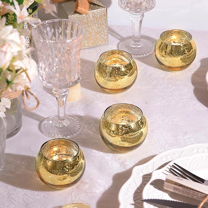 LAMORGIFT 24 Pcs Gold Votive Candle Holders -Gold Mercury Glass Candle Holders, Diwali Decorations for Home, Wedding Centerpieces for Tables, Christmas Tea Light Holders