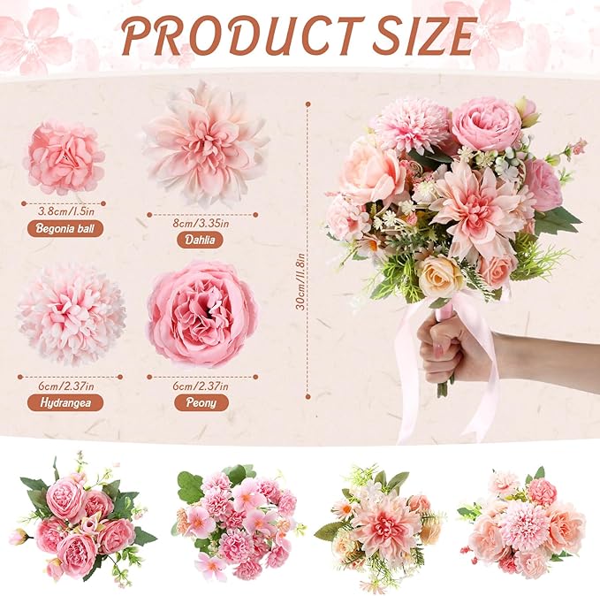 Zeyune 12 Bundles Artificial Peonies Flowers Artificial Silk Rose Faux Dahlia Fake Chamomile Hydrangea Bouquet Bulk for Vase Home Wedding Centerpiece Party Decoration(Blush Pink,Sweet)