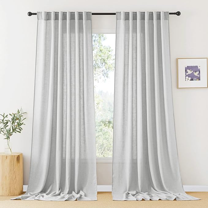 RYB HOME Semi Sheer Curtains - Natural Linen Textured Blend Sheer Curtains Light Glare Filtering Privacy Window Curtaind for Living Room Bedroom Dining, Dove Grey, W 52 x L 108 inch, 1 Pair