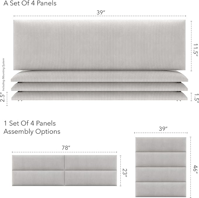Vänt Upholstered Wall Panels - King/Cal King Size Wall Mounted Headboards - Ribbed Stone - Twin/King - Set of 4 Panels (Each Individual Panel 39"x11.5")