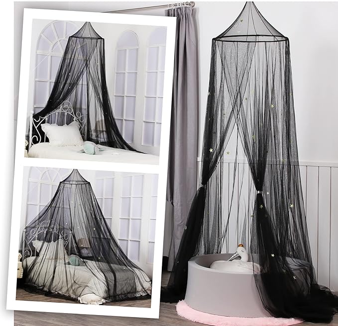 South to East Bed Canopy with Glowing Stars in The Dark, Black Bed Curtains for Kids & Toddler Beds, Twin, Full & Queen, Mosquito Net Canopy for Adult Bedrooms, Easy to Install