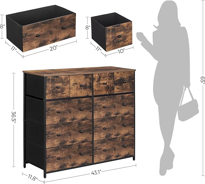 SONGMICS10 Drawers Wide Dresser, 10 Drawers 10-Drawer Dresser Storage Tower, Metal Frame, Wooden Top and Front, Fabric Drawers, 10 Drawers Brown and Black ULGS145B01