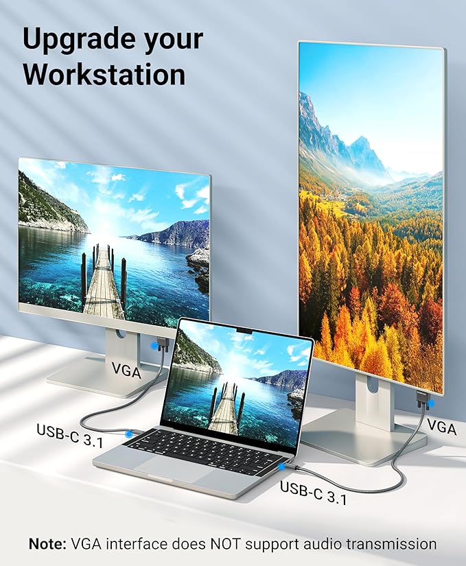 BlueRigger 6FT USB-C to VGA Cable - 1080p Display, Compatible with Laptop, Phone, Tablet, HDTV, Monitor, Projector
