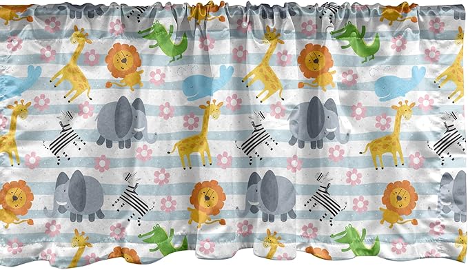 Ambesonne Savannah Window Valance, Friendly Zoo Animals with Happy Faces Cartoon Characters on Stripes Print, Curtain Valance for Kitchen Bedroom Decor with Rod Pocket, 54" X 12", Pale Azure Blue