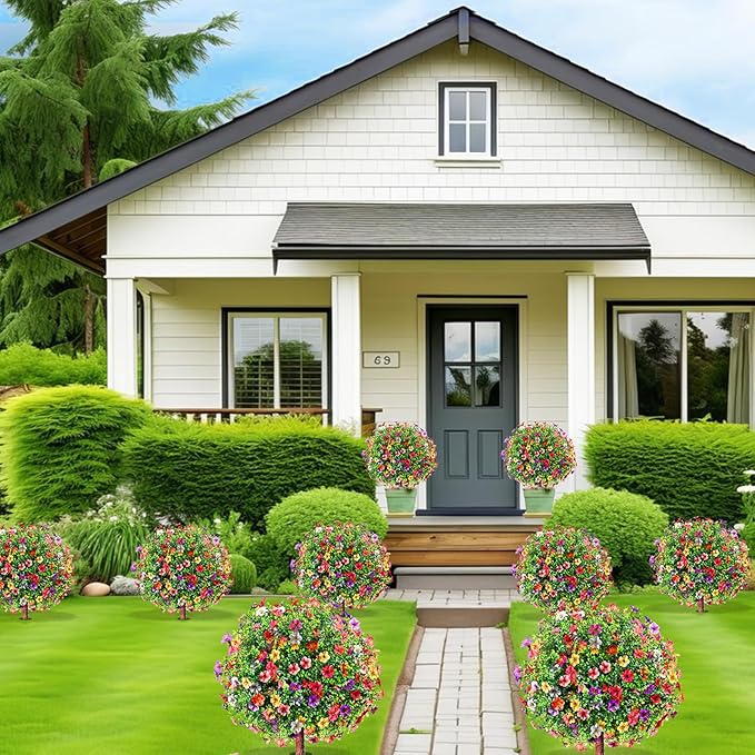27.5" Artificial Boxwood Topiary Ball Trees with Colorful Flowers, Set of 2 Fake Shrubs Bushes with Ground Spike, UV Resistant Faux Evergreen Plants for Outdoor Planters Front Porch Garden Decor