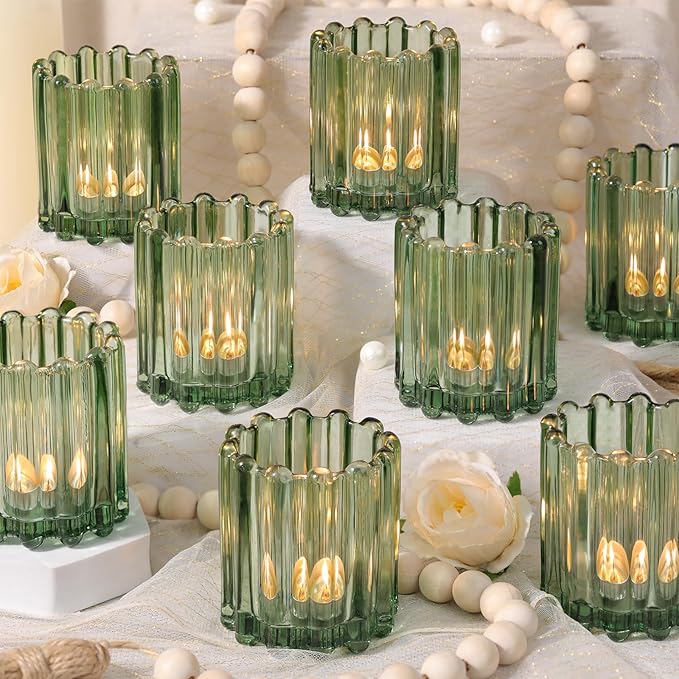 Glass Green Votive Candle Holder, Ribbed Votive Candle Holders Set of 12, Tealight Candle Holder for Wedding Centerpieces Dinner Party Table Decor