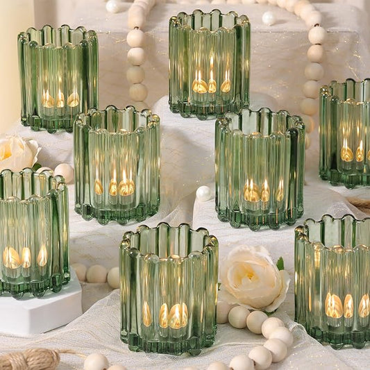 Glass Green Votive Candle Holder, Ribbed Votive Candle Holders Set of 12, Tealight Candle Holder for Wedding Centerpieces Dinner Party Table Decor