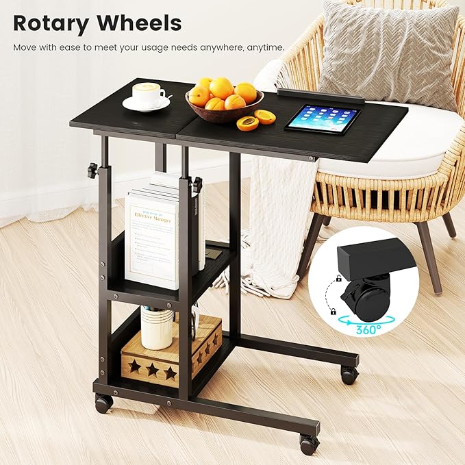 Hadulcet Adjustable C Table with Charging Station, Tiltable Desk C Shaped End Table for Couch, Over Bed Stand with Wheels Adjustable Height, Hospital Table Laptop Stand Drawing Desk, Black