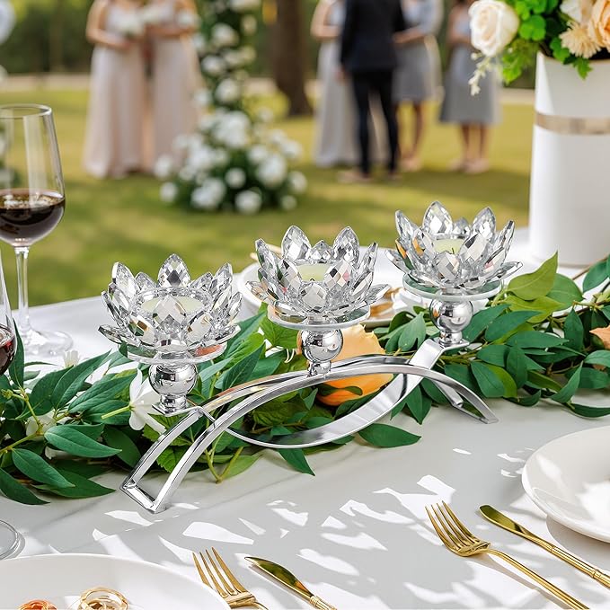 Crystal Candle Holders Lotus Candelabras Silver Arch Candlestick, Centerpiece Table, Home Hecor for Wedding, Dinning Room, Coffee Table, Kitchen, Living Room, Entryway (3 Arms, Tealight Candle)