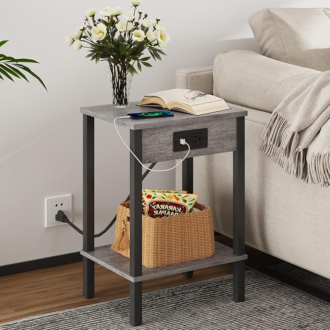 VIMBER Set of 2 End Table with Charging Station, Narrow Side Table with USB Ports and Outlets, Nightstands with 2-Tier Storage Shelves, Sofa Table for Small Space Living Room Bedroom, Grey
