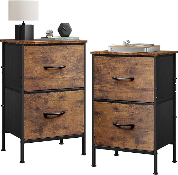 WLIVE Night Stand Set 2, Dresser and Nightstand Sets, Nightstands with 2 Fabric Drawers, End Tables for Bedroom, Bedside Furniture, College Dorm, Rustic Brown Wood Grain Print, Size L