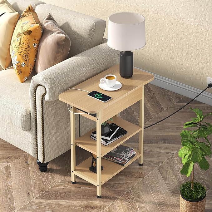 LIDYUK End Table with Charging Station, Flip Top Side Table with USB Ports and Outlets, Nightstand for Small Spaces, Bedside Tables with Storage Shelf for Living Room, Bedroom, Natural
